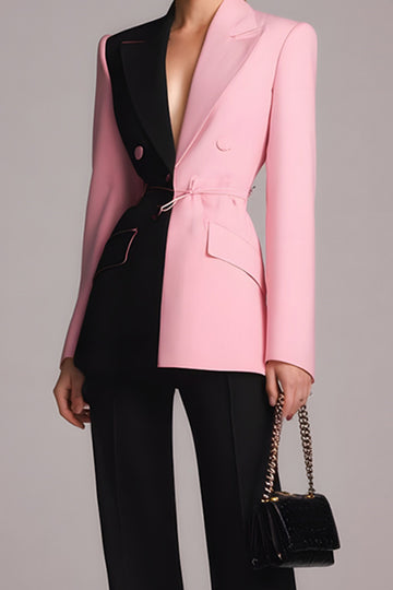 Black Pink Peak Lapel Colorblock 2-Piece Women Suits